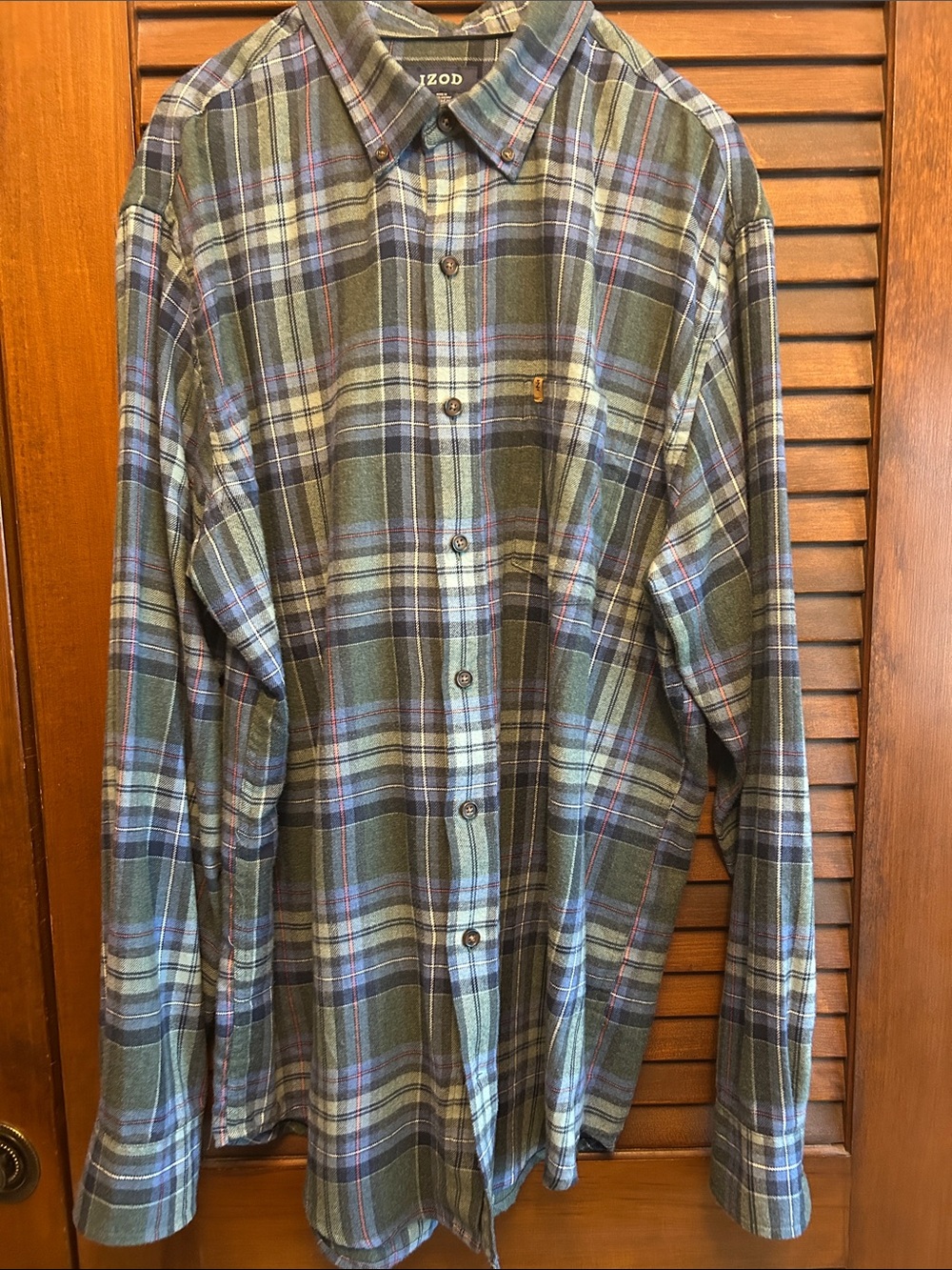 Izod Men's Olive, Blue and Red Plaid Button-Down Shirt